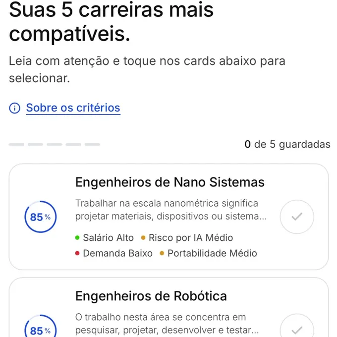 Career Guide screen listing most compatible careers with match index and salary, AI risk, demand, and portability indicators